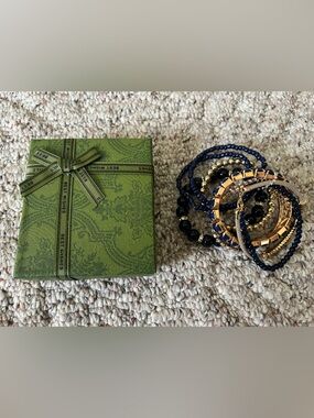 Navy & Gold Beaded Stretch Bracelet Stack Set with box- NEW